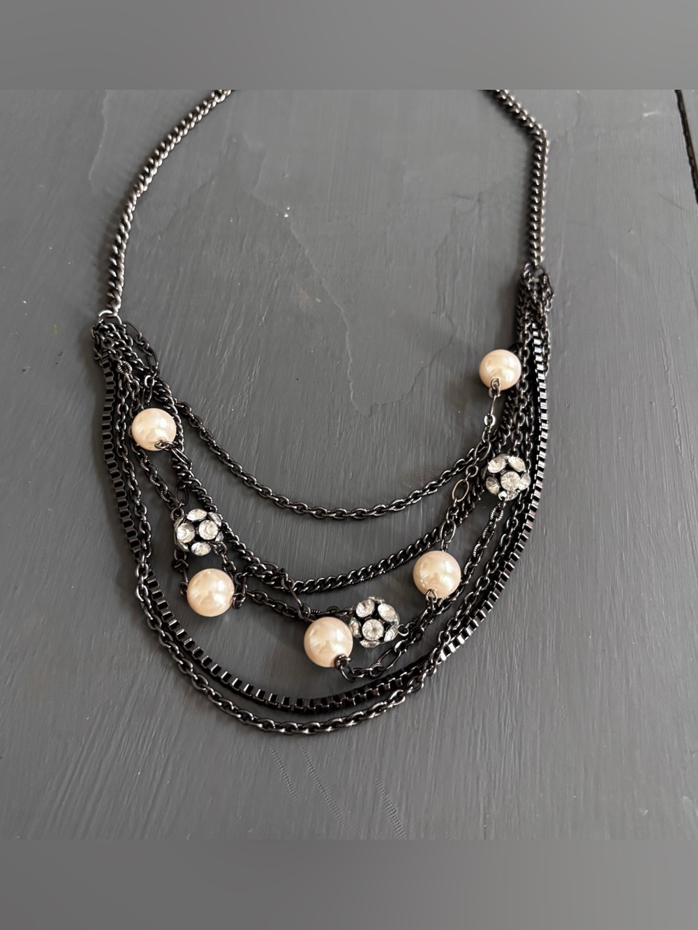 Charming Charlie Black Multi-Chain Necklace with Ivory Pearls & Clear Crystals